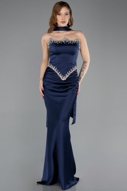 Robe Queue de Poisson Longue Satin Bleu Marine ABU5644
