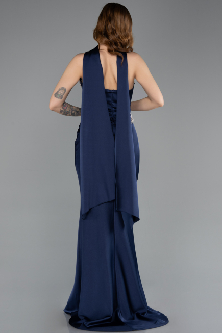 Robe Queue de Poisson Longue Satin Bleu Marine ABU5644