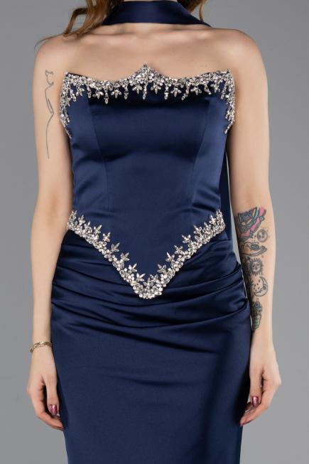 Robe Queue de Poisson Longue Satin Bleu Marine ABU5644