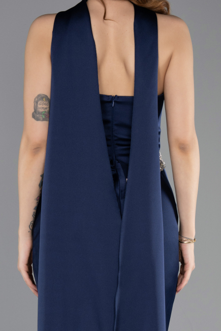 Robe Queue de Poisson Longue Satin Bleu Marine ABU5644