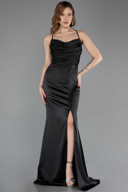 Robe de Soirée Longue Satin Noir ABU5646