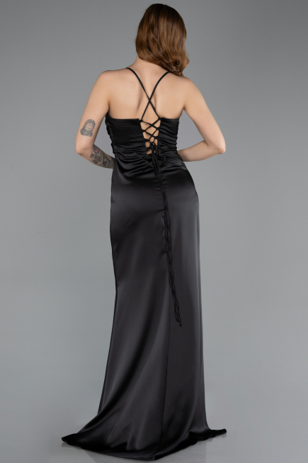 Robe de Soirée Longue Satin Noir ABU5646