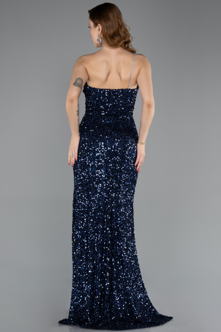 Robe de Soirée Longue Squameuse Bleu Marine ABU5647