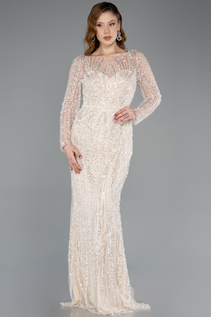 Robe de Soirée Longue Perlé Beige ABU5649