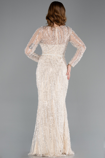 Robe de Soirée Longue Perlé Beige ABU5649