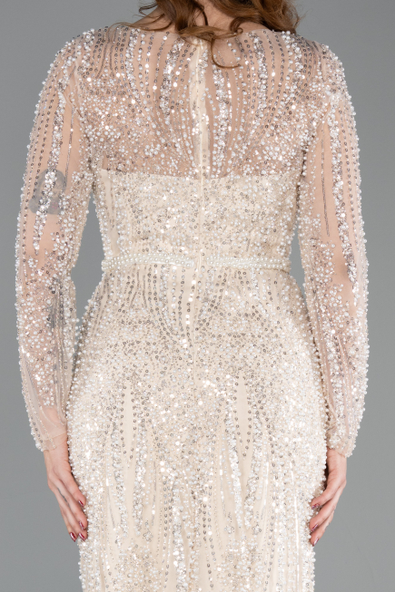 Robe de Soirée Longue Perlé Beige ABU5649