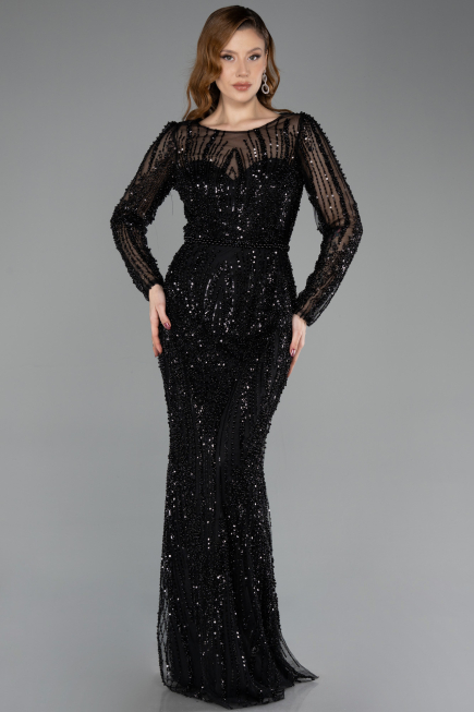 Robe de Soirée Longue Perlé Noir ABU5649