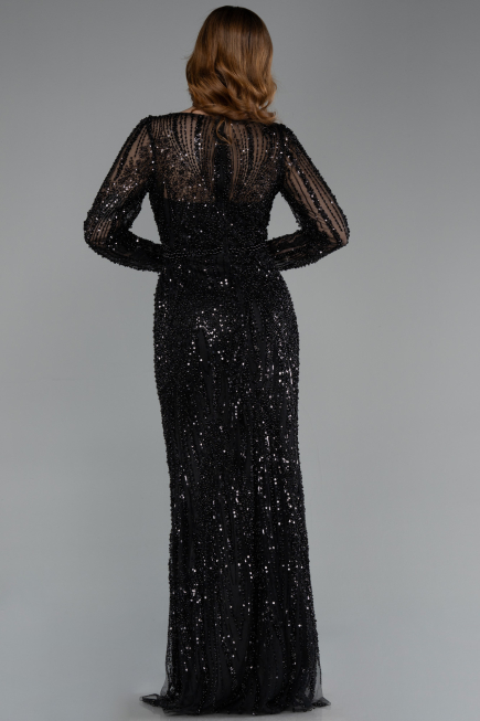 Robe de Soirée Longue Perlé Noir ABU5649
