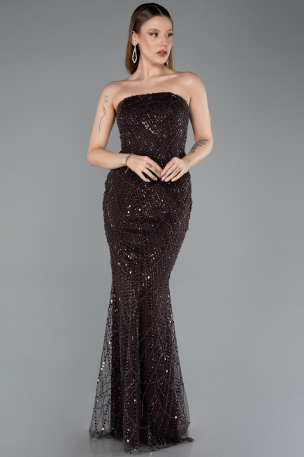 Robe de Soirée Longue Perlé Brun ABU5652