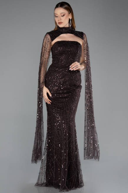Robe de Soirée Longue Perlé Brun ABU5652