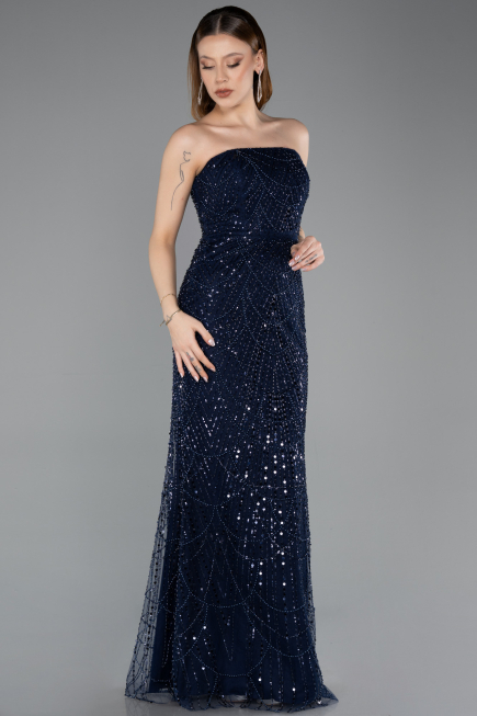 Robe de Soirée Longue Perlé Bleu Marine ABU5652