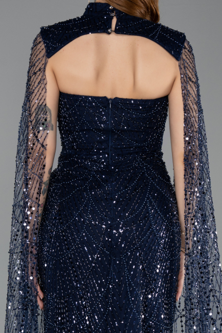 Robe de Soirée Longue Perlé Bleu Marine ABU5652