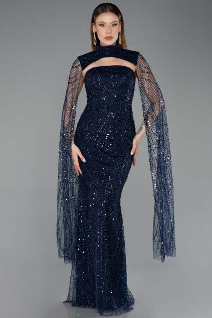Robe de Soirée Longue Perlé Bleu Marine ABU5652