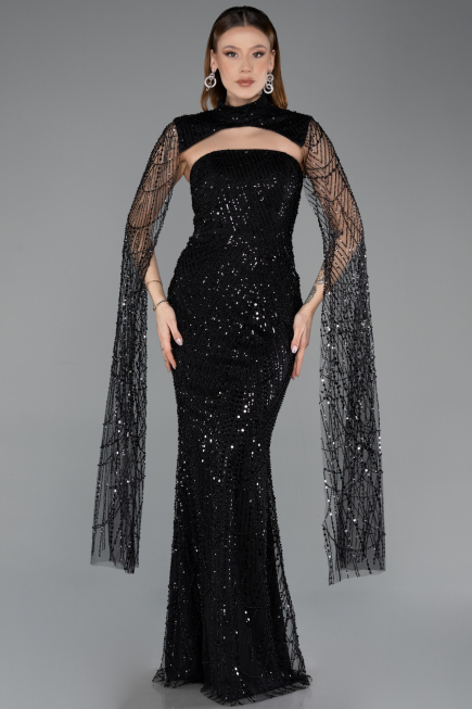 Robe de Soirée Longue Perlé Noir ABU5652