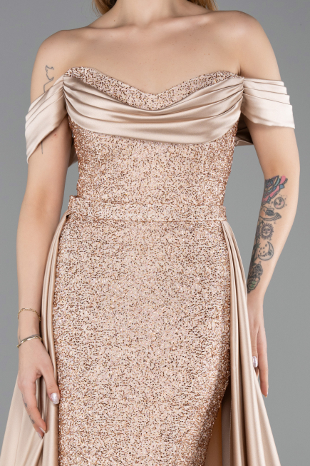 Robe De Soirée Perlé Longue Beige ABU5542
