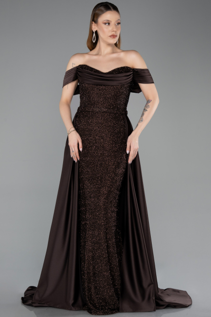 Robe De Soirée Perlé Longue Brun ABU5542