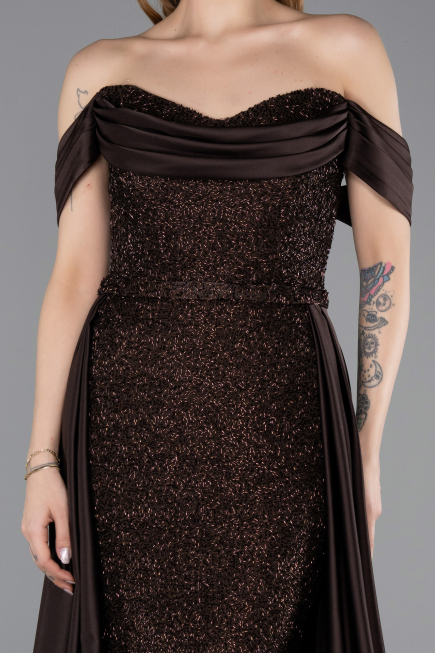 Robe De Soirée Perlé Longue Brun ABU5542