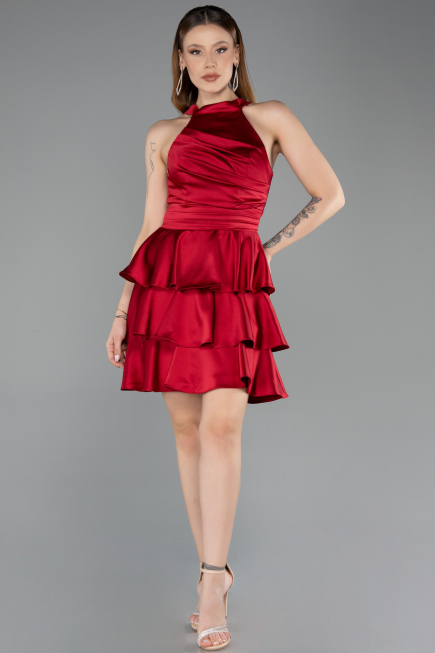 Robe de Cérémonie Courte Satin Rouge Bordeaux ABK2528