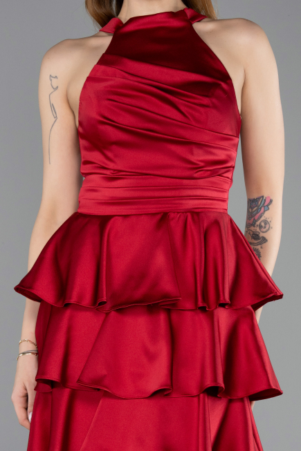 Robe de Cérémonie Courte Satin Rouge Bordeaux ABK2528
