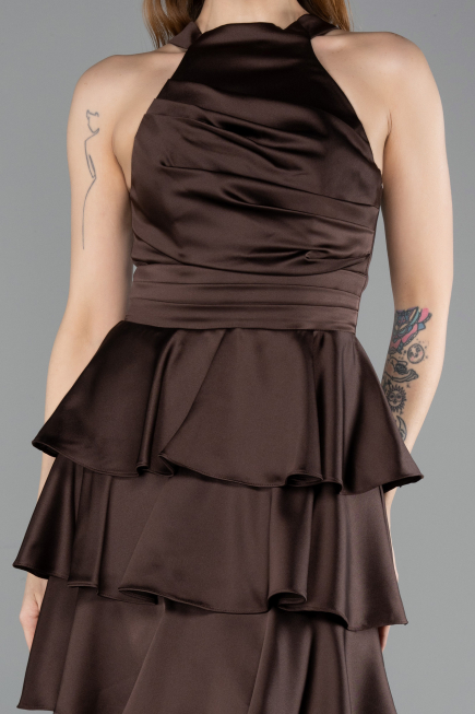 Robe de Cérémonie Courte Satin Brun ABK2528