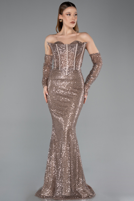 Robe de Soirée Longue Perlé Cuivre ABU5659
