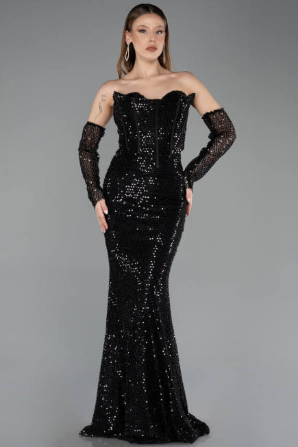Robe de Soirée Longue Perlé Noir ABU5659