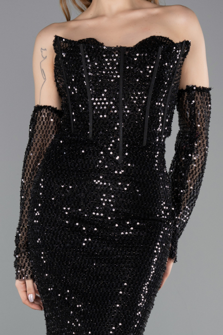 Robe de Soirée Longue Perlé Noir ABU5659