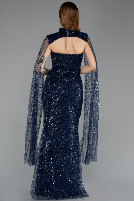Robe de Soirée Longue Perlé Bleu Marine ABU5652