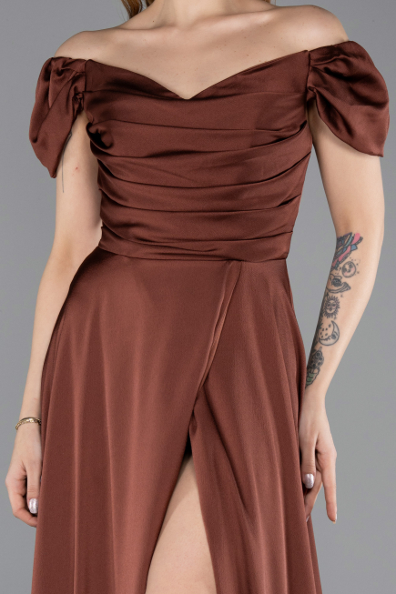 Robe De Soirée Satin Longue Brun ABU4508