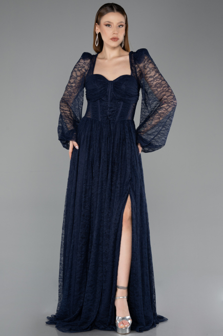 Robe De Soirée Dantelle Longue Bleu Marine ABU5334