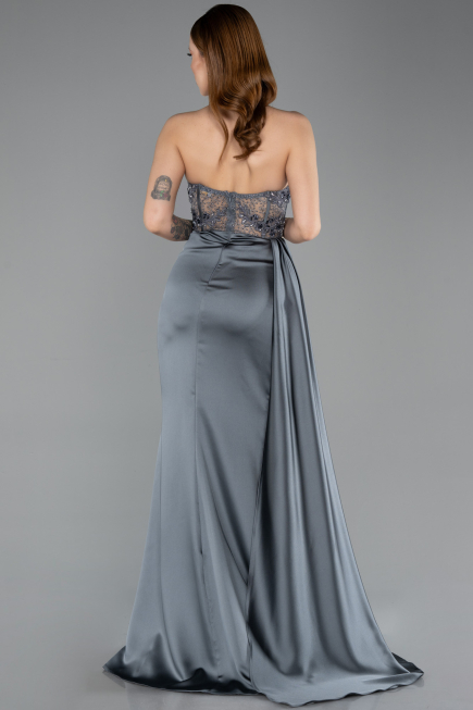 Robe De Soirée Satin Longue Anthracite ABU5578