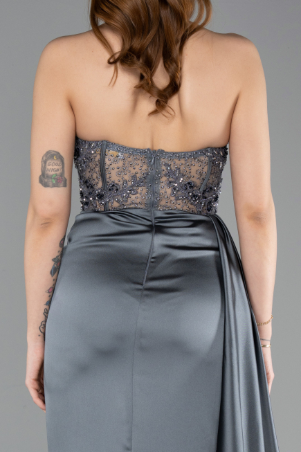 Robe De Soirée Satin Longue Anthracite ABU5578
