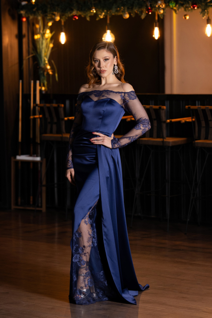 Robe Queue de Poisson Longue Satin Bleu Marine ABU5641