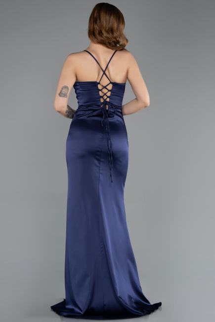 Robe de Soirée Longue Satin Bleu Marine ABU5646