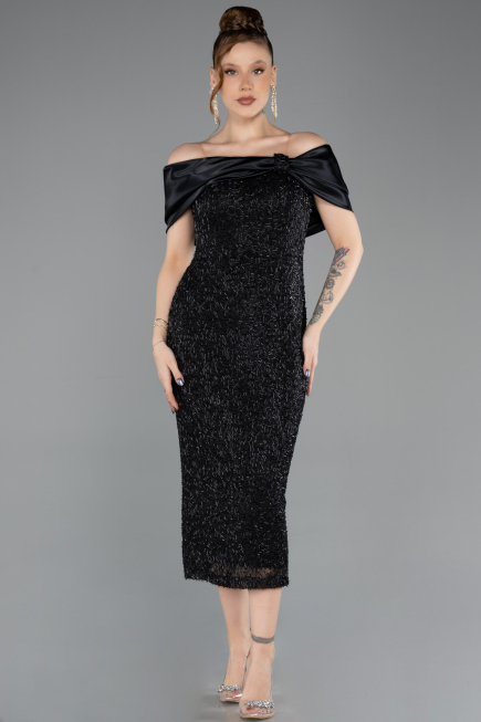 Robe De Soirée Midi Perlé Noir ABK2461