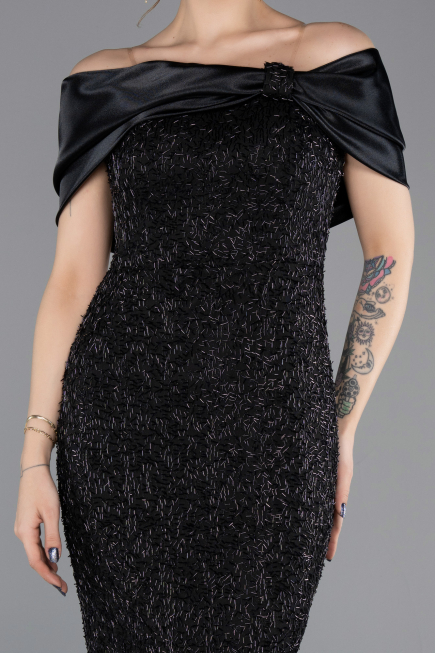 Robe De Soirée Midi Perlé Noir ABK2461