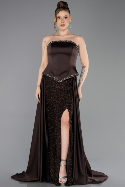 Robe de Soirée Longue Satin Brun ABU5684