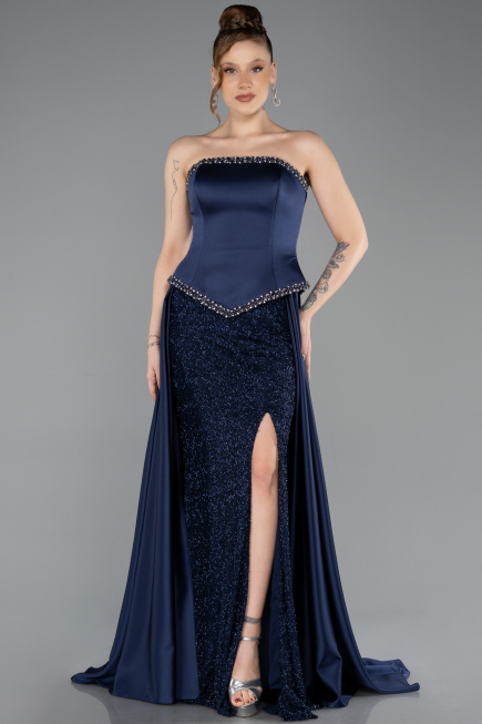 Robe de Soirée Longue Satin Bleu Marine ABU5684