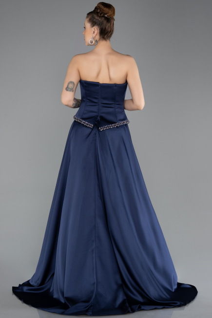 Robe de Soirée Longue Satin Bleu Marine ABU5684