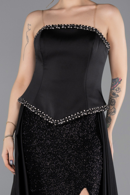 Robe de Soirée Longue Satin Noir ABU5684