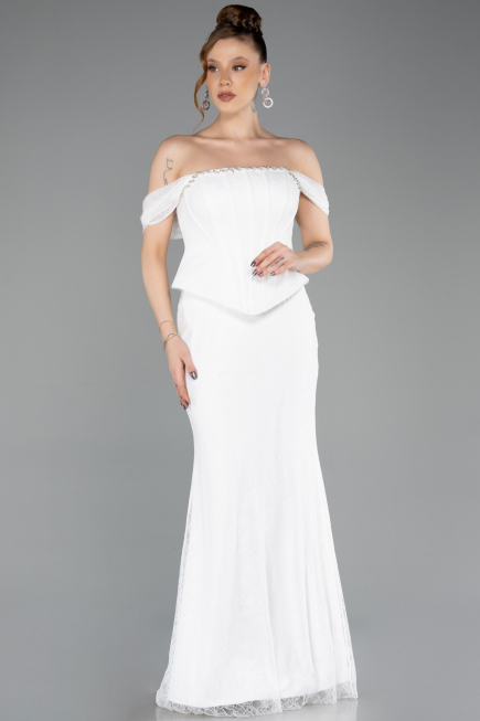 Robe Queue de Poisson Longue Dantelle Blanc ABU5685