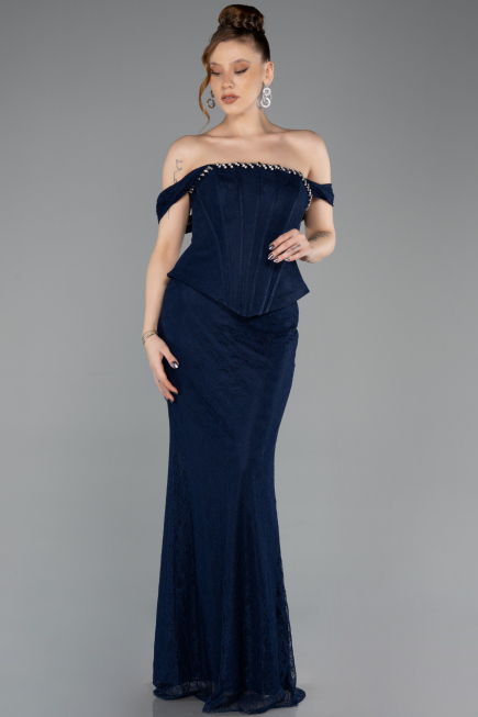 Robe Queue de Poisson Longue Dantelle Bleu Marine ABU5685