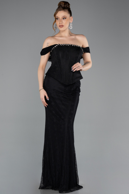Robe Queue de Poisson Longue Dantelle Noir ABU5685