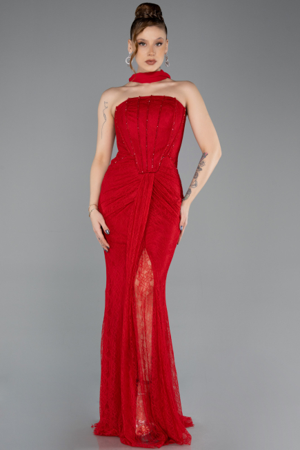 Robe de Soirée Longue Dantelle Rouge ABU5686