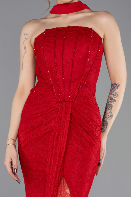 Robe de Soirée Longue Dantelle Rouge ABU5686