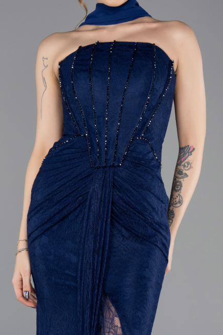 Robe de Soirée Longue Dantelle Bleu Marine ABU5686