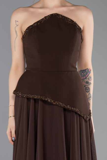 Robe de Soirée Longue Mousseline Brun ABU5681