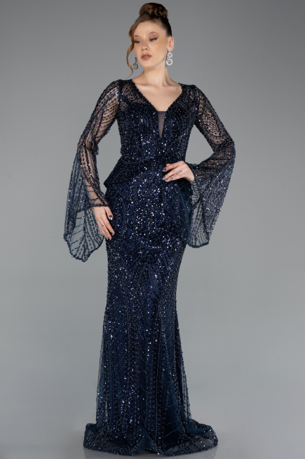 Robe de Soirée Longue Perlé Bleu Marine ABU5690