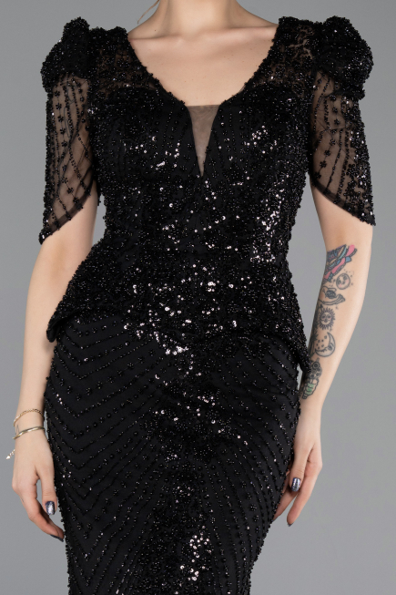Robe de Soirée Longue Perlé Noir ABU5691