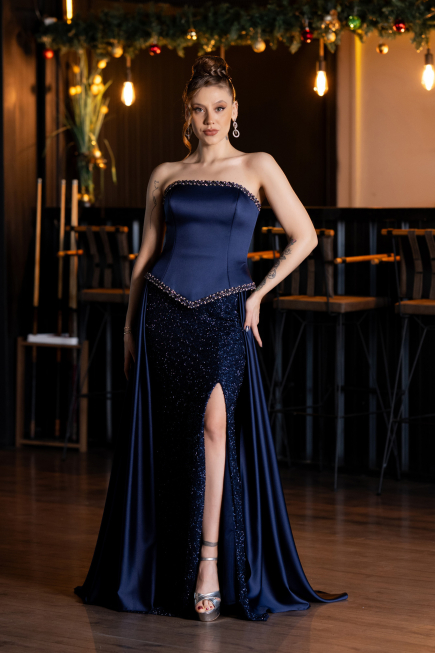 Robe de Soirée Longue Satin Bleu Marine ABU5684